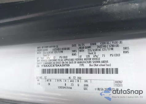 2025 Ford Transit-350 Passenger Van Xlt from USA, damaged, VIN 1FBAX2C87SKA39709